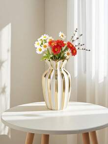 现代客厅白金波浪纹陶瓷花瓶，奢华白金花瓶家居装饰 - 金白色 - 查看 4