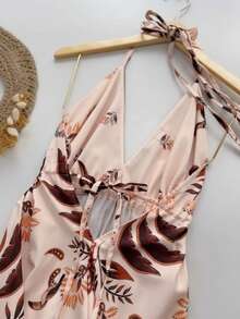 Boho Floral Print Halter Maxi Dress Women - Deep V Neck Casual Summer Vacation Long Dress For Beach Vacation - 橘色 - 查看 3