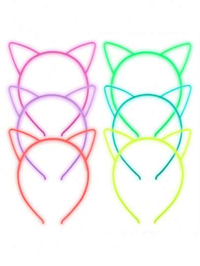 6个发光猫耳头箍，塑料发光头箍，适合生日派对主题，发光猫耳装饰