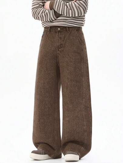 1件复古美式男士宽松阔腿棕色牛仔裤，卡通大象刺绣，男女通用（不含腰带和配饰）