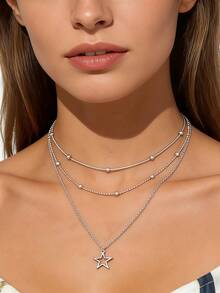 1 pieza Collar de estrella hueca multicapa, adecuado para el uso diario casual de las mujeres - Plateado - Ver 5