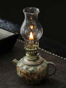 1个陶瓷窑烧釉面油灯，带手柄和灯罩，可调节灯芯，适用于露营、室内照明，可用作陶瓷油灯烛台、煤油灯或防风灯，带火焰控制旋钮 - 1PC - 查看 3