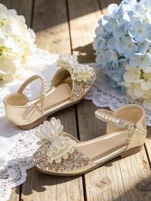 Sapatos Confortáveis de Menina Flor com Laço Brilhante e Decoração de Pérola para Meninas Pequenas - Dourado - Visão 2