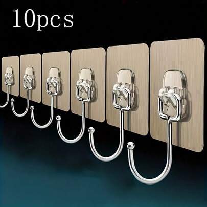 10pcs No Drill Strong Adhesive Hooks, Suitable For Hanging Keys, Clothes, Kitchen & Bathroom Items, Unleash Your Creativity