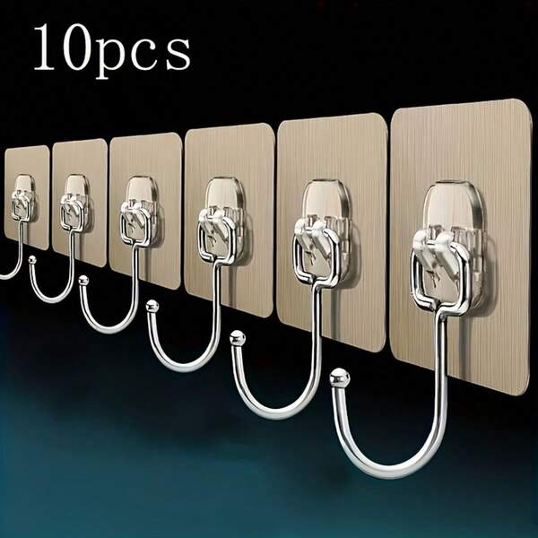 10pcs No Drill Strong Adhesive Hooks, Suitable For Hanging Keys, Clothes, Kitchen & Bathroom Items, Unleash Your Creativity