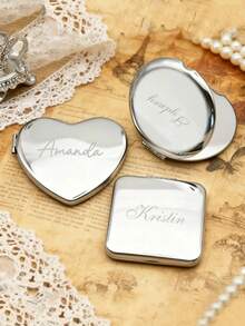 Customized Engraved Silver Compact Makeup Mirror, Personalized Pocket Mirror, Customized Engraved Heart-Shaped Makeup Mirror, Customized Silver Compact Makeup Mirror, Bridesmaid Gift, Birthday Christmas Gift For Her, Bridesmaid Thank You Gift, Floral Makeup Mirror, Women's Pocket Mirror, Bridal Party Gift - Multicolor - View 3