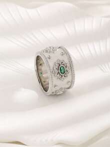 1 pièce Bague anneau en cuivre plaqué or blanc avec zirconium cubique, convient pour le port quotidien des femmes et les cadeaux de vacances - Argent - Voir 9