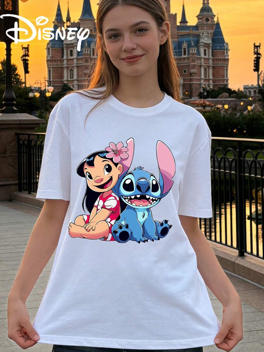 Disney StarCraft Baby Lilo And Stitch Same Frame Printed Loose Short Sleeve T-Shirt Women's Casual Top - 白色 - 查看 1