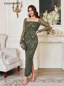 Olive Green Sequin Embroidered Dress, Elastic Mesh Christmas Party Wedding Evening Gown - Army Green - View 3
