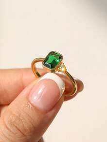 Stylever 1枚925纯银时尚闪亮立方氧化锆祖母绿戒指，女士日常通勤百搭戒指，派对配饰，高品质戒指，结婚订婚周年纪念礼物，精致珠宝礼品 - 金色 - 查看 3