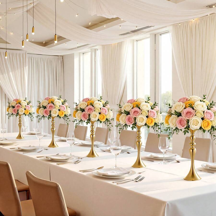 16 PCS Wedding Flower Vase, 15 In Tall Flower Table Centerpieces, Crystal Banquet Vases Easy Installation, Electroplated Versatile Arrangement Stand For Party Events Home Decor Reception, Gold - 15-inch Gold (16 pieces) - 查看 1