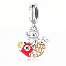 1 Piece 925 Sterling Silver Cat And Goldfish Charm, Enamel Cat Playing Fish Dangle Pendant Bead DIY Jewelry Gift - Silver - View 6