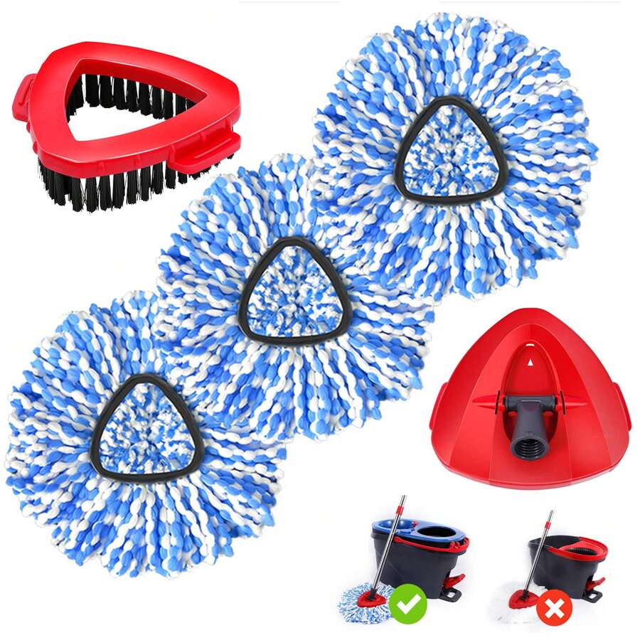 3 Pack Spin Mop Replacements Head Compatible For Oceda RinseClean 2-Tank System,Microfiber Spin Mop Refills Head,1 Mop Scrub Brush + 1 Mop Base + 4 Pack Cleaning Floor Mop Head - (3+1+1) PCS - Xem 1