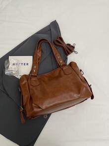 Retro Minimalist Large Capacity Fashion Student/Work Commute Tote Bag - Brown - View 3