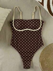 女士春夏新款休闲优雅性感沙滩度假约会派对棕色波点印花吊带连体泳衣 - 彩色 - 查看 4