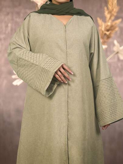 1 pieza Bata de Ramadán para mujer - Vestido ajustado de manga larga color verde oliva, con patrón de puño bordado en 3D, tela tejida de unicolor minimalista y ligera, ropa elegante de Ramadán adecuada para reuniones de Eid y uso diario