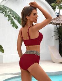 Womens High Waisted Bikini Sets Tummy Control Colorblock Swimsuits Modest Metal Two Piece Bathing Suit - Màu Đỏ Sâu - Xem 2