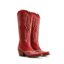 Cowboy Knee High Boots For Women Western Retro Embroidered Cowgirl Boots Fashion Narrow Square Toe Comfortable Vintage Side Zipper Tall Boots For Ladies - 紅色 - 查看 7