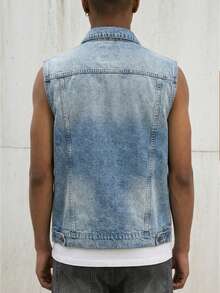 Men's Sleeveless Ripped Denim Vest - Casual Street Style Jacket, Lapel Design, Button Front, Chest Pocket, Suitable For All Seasons, Rugged Denim Style | Durable Ripped Denim Jacket | Sleeveless Jacket | Streetwear - 藍色 - 查看 3