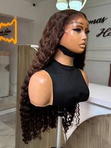32 34 Inches Long Curly Human Hiar Wigs Chocolate Brown Colored 200% Density 13*4 HD Transparent Lace Frontal Wigs Deep Wave Brazilian Pre Plucked With Baby Hair #4 Coloed Lace Front Human Hair Wigs For Women - S4 - Xem 4