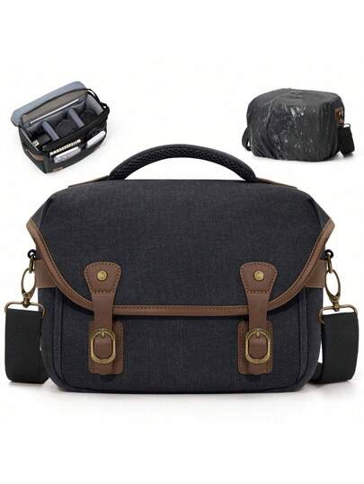 Canvas Camera Bag, Crossbody Bag For DSLR/Mirrorless/Small Cameras, Compact Photographer's Shoulder Bag With Rain Cover, Unisex Vintage Crossbody Bag, Headphone Case, Charger Storage Bag, Charging Bag For Men And Women, Black