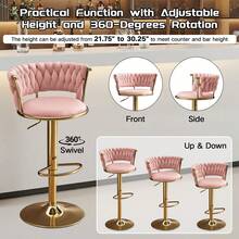 Velvet Bar Stools Set Of 2, 360° Swivel Barstools Height Adjustable Counter Height Bar Chairs, Woven Back Upholstered Accent Chairs With Gold Footrest, Modern Dining Chairs For Kitchen Island Home Bar Dining Room, Pink - Pink - View 10