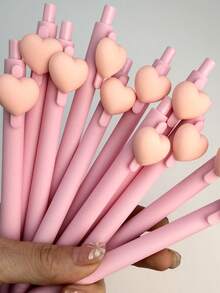 6支粉色硅胶心形按压式圆珠笔，卡通设计文具笔 - 愛心 - 查看 4