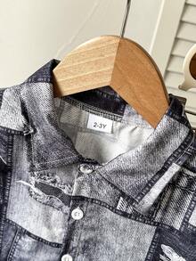 Young Boys' Two Pieces Set, Casual Outfit For Boys, Color-Blocked Denim Effect Short-Sleeve Shirt And Shorts, Comfortable Leisurewear, Suitable For Daily And Outdoor Wear, Perfect For Outdoor Activities. - Navy Blue - View 2