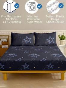 3件套时尚简约星月图案床上用品套装（1个床笠+2个枕套，不含枕芯） - 深藍色 - 查看 2