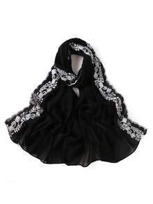 1件女士刺绣蕾丝拼接雪纺头巾，适合节日、派对和外出活动。 - 黑色 - 查看 14
