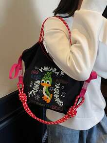 Túi tote thêu họa tiết vịt xanh, túi nylon chống thấm nước, đa năng, phong cách thường ngày. - màu đen - Xem 4