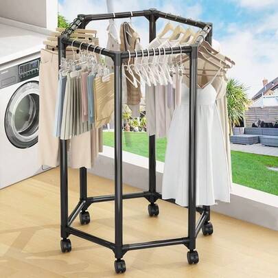Hexagonal Rotating Freestanding Clothes Rack, Movable Garment Hanger, Space-Saving Storage Organizer For Dorm & Indoor Use