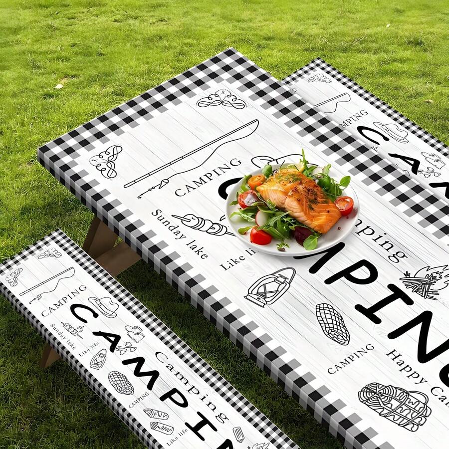 3pcs American Camping Style! Fishing Element Tablecloth & Chair Cover Set - Durable Polyester Elastic Edge Rectangular Outdoor Tablecloth Set, Suitable For Indoor, Patio, Camping, Party, Kitchen, With Elastic Hem Camping Decor Tablecloth - Multicolor - View 1