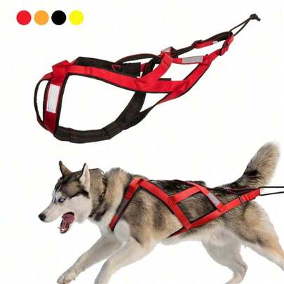 Large Dog Reflective Sled Harness - Adjustable Shockproof Nylon Vest With Back Support Pad, Sled Board Dog Harness