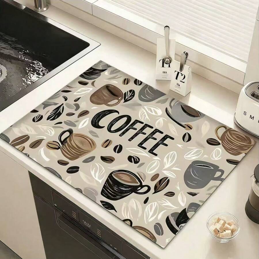 Silica Gel Coffee Machine Mat, Counter Tableware Mat, Silica Gel Kitchen Dining Mat, Coffee Print Tableware Mat, Draining Mat, Suitable For Kitchen And Coffee Bar