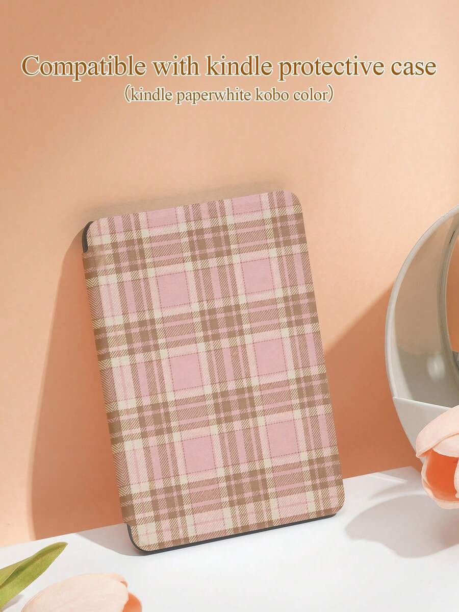 1pc Minimalist Gray & Pink Plaid Pattern Printed Kindle Protective Case, Suitable For Kindle NK 11/Kobo/Kindle Paperwhite 5/Kindle 2024, With Auto Wake/Sleep Function, Lightweight & Convenient, Perfectly Fit To Protect Your Reading Device, Romantic & Practical Gift - Multicolor - View 1