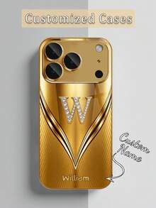 1 pieza Funda de teléfono de vidrio chapada en oro con textura en forma de V con 26 letras personalizables y decoración de manzana con rhinestones, compatible con iPhone 17 Pro Max/16 Pro Max/15/14 Plus/13 Pro/12 Pro Max/11/Xs Max/8/7/6 Plus, de moda, colorida, linda, divertida, minimalista, a juego - Dorado - Ver 3
