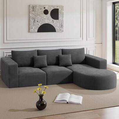 Nalupatio Modular Compression Recovery Sofa Set, L-Shaped Corduroy Sectional Couch With Left Or Right Lounge Chair (2 Options Available), For Living Room, 635kg Heavy Duty Weight Capacity, 2 Boxes Delivery, 48-72H Memory Foam Reshape Time, Anti-Pilling Soft Breathable Corduroy Fabric, High Resilience Foam Cushions, Wide Armrest Ergonomic Deep Seat, Free Combination Modular Design, Pet Friendly Scratch Resistant Upholstery, Easy Assembly Corner Sofa