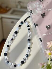 1pc Black & White Contrast, Iridescent Crystal, Geometric Block, Faux Pearl Beaded Keychain, Chic Phone Charm Strap, Fits All Phone Models, Suitable Gift For Mother, Family, Friends, Birthday, Holiday - Black and White - View 8