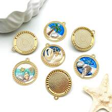 2/7 piezas Colgante redondo con estilo de playa, chapado en oro, con diseño de estrella de mar, concha y estilo retro francés en color azul océano para hacer collares, aretes y accesorios de llavero - Azul - Ver 6