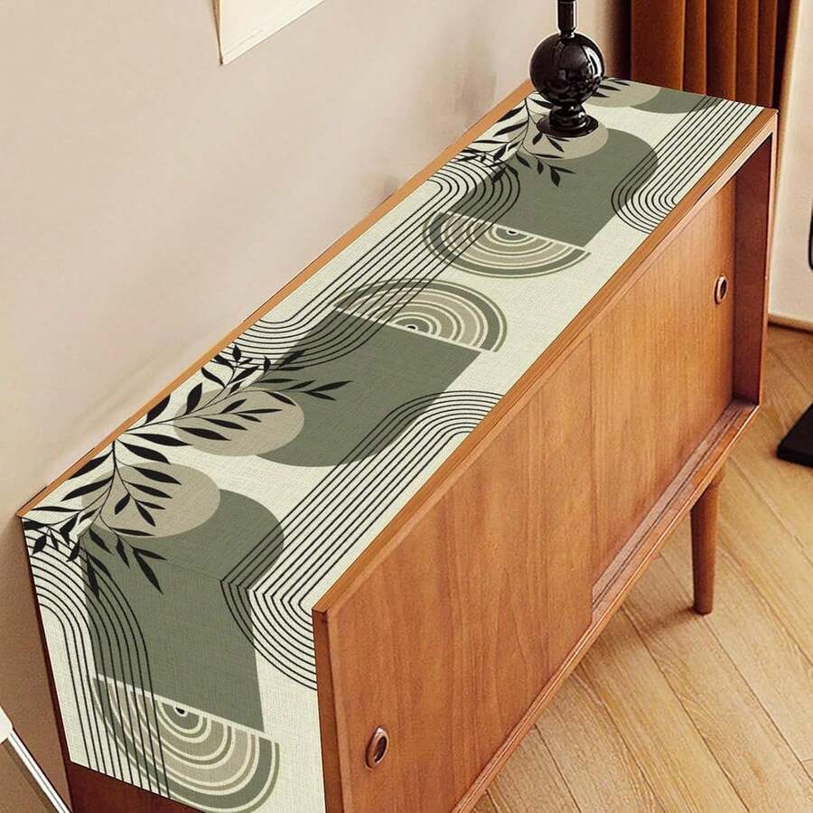 1pc Minimalist Bohemian Style Modern Green Plant Theme Table Runner, Abstract Medieval Tablecloth, Abstract Arch Bridge Line Pattern, Suitable For Kitchen, Dining Room, Outdoor, Farmhouse, Holiday Party Dining Table Centerpiece