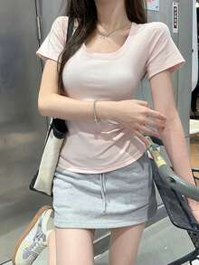 U-Neck Short Sleeve T-Shirt, Stretchy Slim Fit Solid Color All-Match Tee Casual Pink Summer - Pink - View 6
