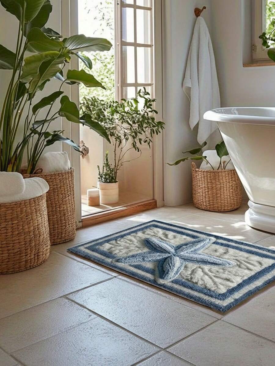 1pc 3D Starfish Design Anti-Slip Mat, Made Of Soft Wool, Soft And Stylish, Suitable For Entryway, Bathroom, Kitchen - A - View 1