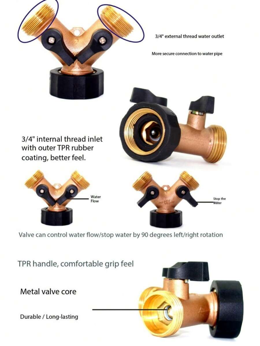 Brass Dual Flow Faucet, 1:2 Valve Splitter Connector - Gardening Watering Tool - Multiple Styles - View 1