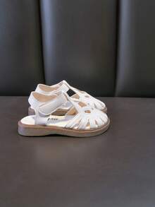 Princess Style Children's Sandals, Girls' Summer Hollow Design Flat Sandals, Convenient Hook And Loop Closure, Soft Upper And Non-Slip Sole - White - View 3