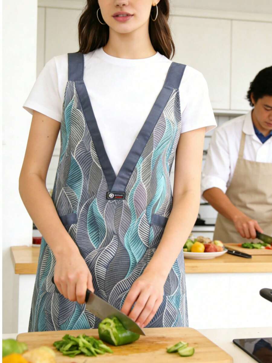 New Feather Pattern Canvas Apron, Durable Cooking/Catering Apron For Kitchen/Restaurant Use, Women - Multicolor - View 1