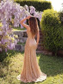 ADYCE 亮片加厚吊带心形领高腰缎面长款开衩露背系带礼服，适合舞会、生日派对、正式晚宴、约会、返校节、婚礼宾客、正式晚宴、家庭聚会、情人节等场合。 - 香檳色 - 查看 2