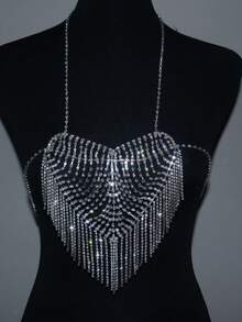 Sparkling Crystal Heart Shaped Back Chain Necklace, Women's Jewelry, Bridal Shoulder Tassel Crystal Body Chain, Fashion Wedding - Silver - View 2