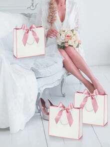 1-5pcs Horizontal Bow Kraft Paper Bags With Handles, Bowknot Decor, Suitable For Gift Bags, Clothing Shopping Bags - A - View 3