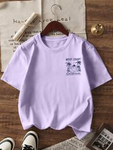 Camiseta casual simple para niños, estilo de playa de verano, patrón de montaña, mar y árbol, cuello redondo, manga corta, top de manga corta nuevo de verano para niños jóvenes - Rojo - Ver 3